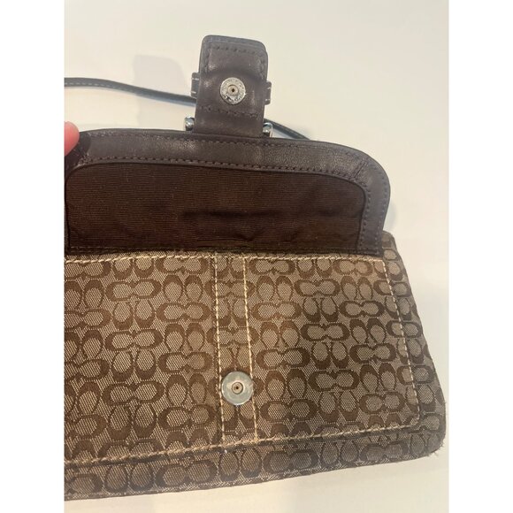 Coach Signature Brown Wristlet Clutch Purse With Leather Trim & Silver Buckle Ac - Picture 5 of 7